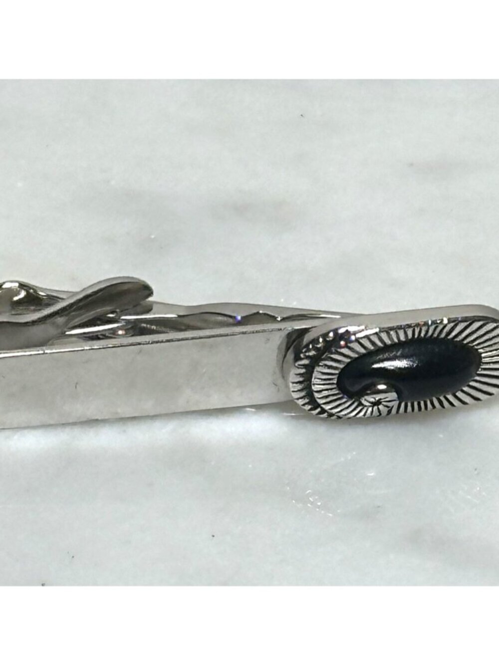 Vintage Swank Silver Tone Tie Clip Black Stone Minimal Mid Century